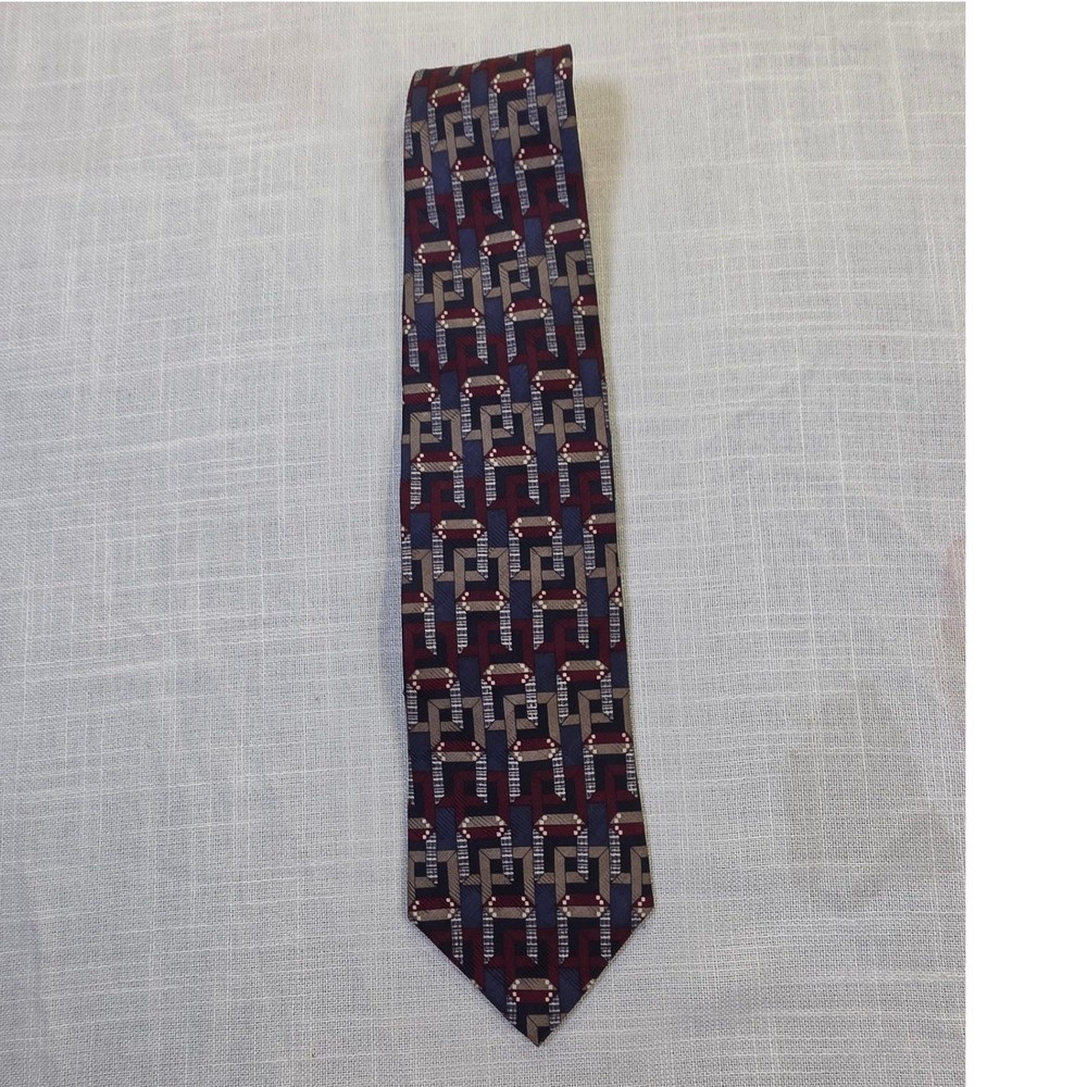 Louis Feraud Mens Silk Necktie Burgundy Navy Blue Tan Geometric Abstract Pattern